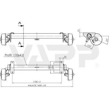 Přívěs Náprava AL-KO Plus B 1800-9 (1800 kg) a=1100 mm, b=1600 mm, 112x5, včetně držáků tlumičů