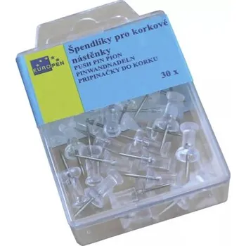 Kancelářské potřeby Špendlíky do korkové nástěnky Europen 30ks transparentní