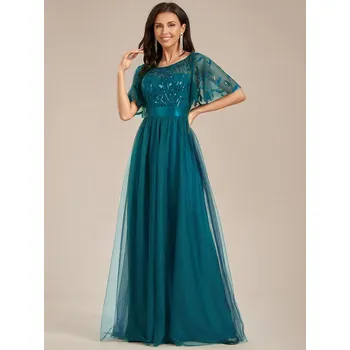 Dámské šaty Flitrové večerní šaty maxi s krátkým rukávem Barva: Tyrkysová, Velikost: 6XL