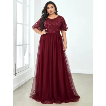 Dámské šaty Maxi šaty s krajkovým topem a flitry Barva: Bordová, Velikost: 7XL