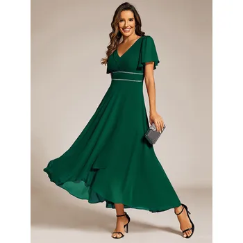 Dámské šaty Asymetrické šifonové šaty s volánovými rukávy Barva: Tmavě Zelená, Velikost: 6XL