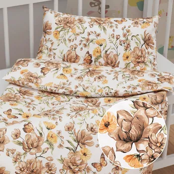 Povlečení Dětské bavlněné povlečení do postýlky Sandra SA-458 Hnědé květy magnolie s motýlky na bílém Do postýlky 90x120 a 40x60 cm