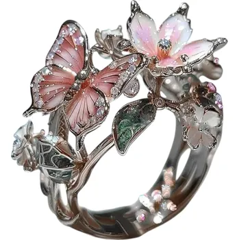 Prsten Dámský štrasový prsten Motýl a květy Nastavitelná velikost Otevřený romantický prsten Třpytivý módní šperk pro ženy šedá