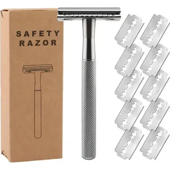Břitva na holení Jednobřitá žiletka + 10 náhradních břitů Kovový manuální holící strojek Precizní a snadné holení pro muže i ženy Opakovaně použitelný stříbrná