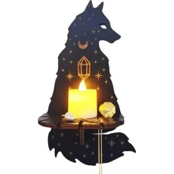 Dekorativní nástěnný držák na svíčku 24 x 13 cm Dřevěná police ve tvaru vlka Mystická bytová dekorace na zeď