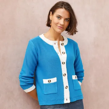 Dámský svetr Dvoubarevný propínací svetr s kapsami modrá/režná 54