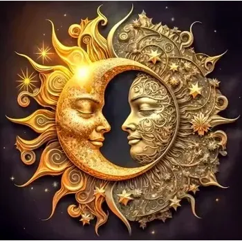 Diamantové malování Diamantové malování/Homfun - Zlatý měsíc a slunce + perleťové kamínky (30x30)