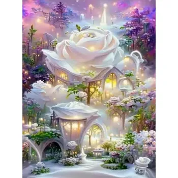 Diamantové malování Diamantové malování/Homfun - Magický zámek z bílých růží + třpytivé kamínky