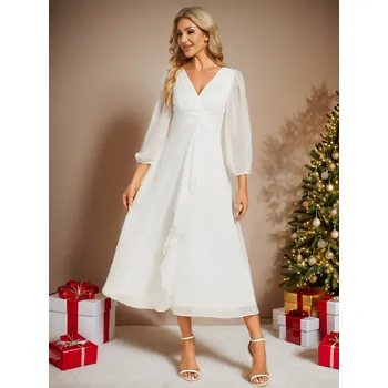 Dámské šaty Lesklé šifonové svatební šaty s dlouhým rukávem Barva: Krémová, Velikost: 7XL