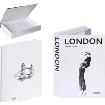 Dekorativní falešná kniha LONDON s motivem Tower Bridge a siluety Modelky Černobílý design