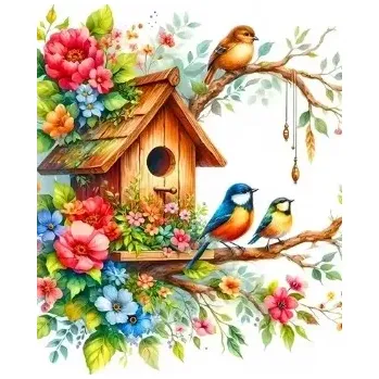 Diamantové malování Diamantové malování/Homfun - Barevné květy a ptačí budka + perleťové kamínky NOVINKA