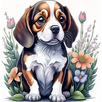 Diamantové malování Diamantové malování/Homfun - Štěňátko a květiny + perleťové kamínky