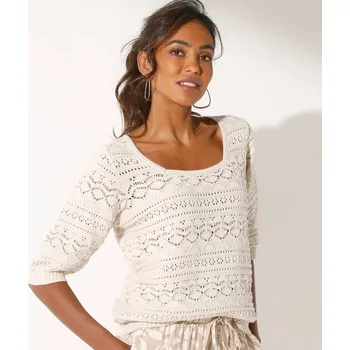 Dámský svetr Ažurový pulovr s rukávy k loktům režná 52