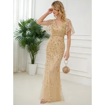 Dámské šaty Dlouhé plesové šaty typu rybí ocas s volánovými rukávy Barva: Zlatá, Velikost: 3XL