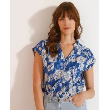 Dámská halenka Halenka na knoflíčky s výstřihem do V a květinovým potiskem modrá 42