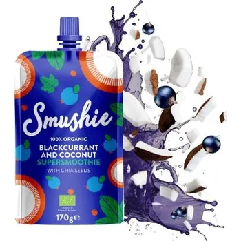 Dětská výživa Salvest Smushie BIO ovocné smoothie s černým rybízem, kokosovým mlékem a chia semínky - 170 g, 36 m+