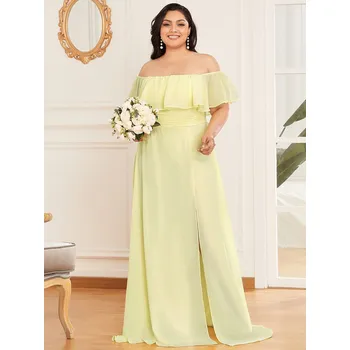 Dámské šaty šifonové svatební šaty s odhalenými rameny a rozparkem Barva: Žlutá, Velikost: 5XL