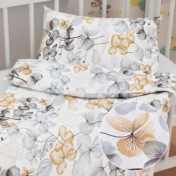 Povlečení Dětské bavlněné povlečení do postýlky Sandra SA-367 Šedo-oranžové květy na bílém Do postýlky 90x140 a 50x70 cm