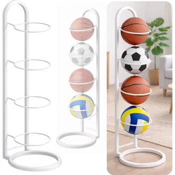 Fotbalový míč Vertikální kovový stojan na míče, bílý – 4 úrovně, úspora místa