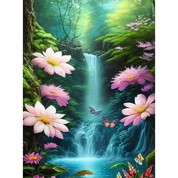 Diamantové malování Diamantové malování/Homfun - Malý vodopád a růžové květy