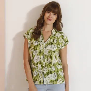 Halenka na knoflíčky s výstřihem do V a květinovým potiskem mechová 36