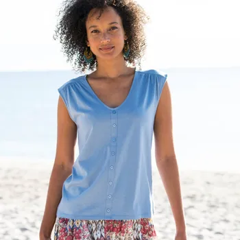 Tričko s výstřihem do V, knoflíčky a nařasením modrošedá 54