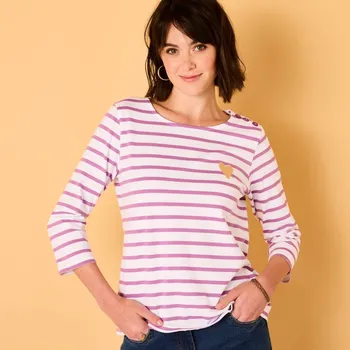 Dámská móda Pruhované tričko s výšivkou srdce, bio bavlna bílá/lila 38/40