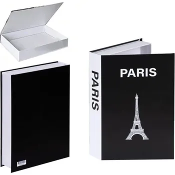 Dekorativní falešná kniha PARIS Otevíratelná skrýš s úložným prostorem Tajná schránka do knihovny Černo bílý design Eiffelova věž