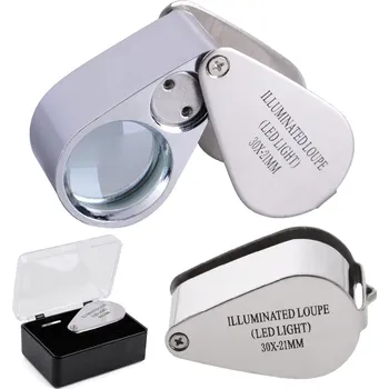 VERK GROUP Kapesní skládací lupa 30x 21mm s LED osvětlením pro klenotníky