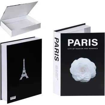 Dekorativní falešná kniha s úložným prostorem PARIS – otevíratelná, černá s Eiffelovkou a květem, skrytý prostor pro drobnosti