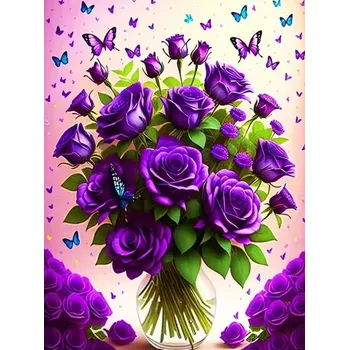 Diamantové malování Diamantové malování/Homfun - Fialová kytice růží ve váze + perleťové kamínky