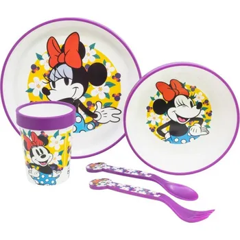 STOR Dětský jídelní set Minnie 5-dílný – talíř, miska, sklenice a příbor, BPA free, 81285