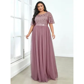 Dámské šaty Flitrové večerní šaty maxi s krátkým rukávem Barva: Tmavě Růžová, Velikost: 7XL