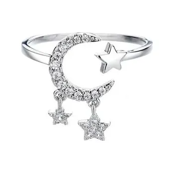 Prsten Stříbrný dámský prstýnek nastavitelná velikost průměr 16,5 mm Tenký otevřený prsten s měsíčkem s kamínky a hvězdou 3/5 mm elegantní šperk