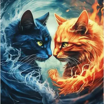 Diamantové malování Diamantové malování/HOMFUN - Kočky oheň a voda + třpytivé kamínky