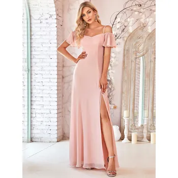 Dámské šaty šifonové šaty pro družičky se spadlými rukávky Barva: Růžová, Velikost: XS