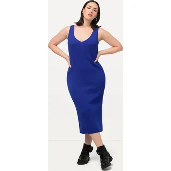 Dámské šaty Ulla Popken, Plus size Úpletové šaty, žebrovaný úplet, Slim střih, midi délka, výstřih do V, bez rukávů pro plnoštíhlé nadměrná velikost, 817591746-1132, modrý, 58/60, Nadměrné velikosti, Plus size oblečení, Oblečení pro boubelky, Oblečení pro baculky, Ob