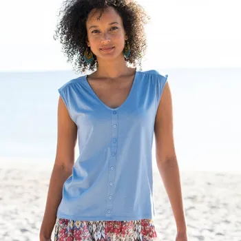 Tričko s výstřihem do V, knoflíčky a nařasením modrošedá 50