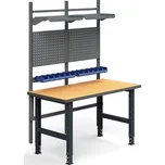 Dílenský stůl TRUST, panely na nářadí, plastové boxy, police, 1500x760 mm, tvrzená deska