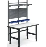 Dílenský stůl TRUST, panely na nářadí, plastové boxy, police, 1500x760 mm, vysokotlaký laminát