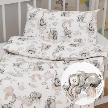 Povlečení Dětské bavlněné povlečení do postýlky Sandra SA-462 Sloni s šedohnědou duhou na bílém Do postýlky 90x140 a 50x70 cm