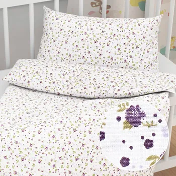 Povlečení Dětské bavlněné povlečení do postýlky Sandra SA-004 Fialové růžičky Do postýlky 90x140 a 40x60 cm