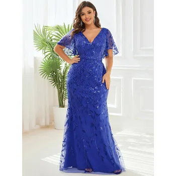 Dámské šaty Dlouhé plesové šaty typu rybí ocas s volánovými rukávy Barva: Safírová, Velikost: 5XL