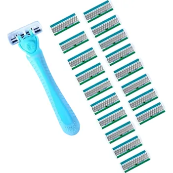 Břitva na holení Sada manuální žiletky 13,5 x 4,5 x 2,3 cm 1 holicí strojek + 18 čepelí Šestivrstvá nerezová ocel Dámské holení Vyměnitelná hlavice modrá