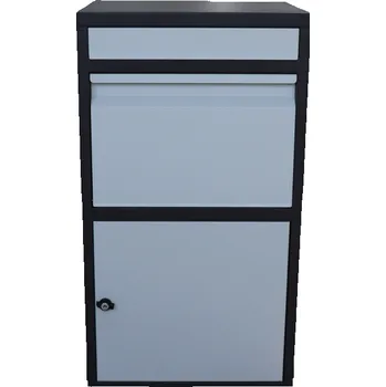 Poštovní schránka Box na balíky (410x385x720mm) s přepadovou lištou na ochranu balíků, tloušťka 0.8mm) velikost balíku: 320x300x180mm, barva: Černé tělo + bílý vhod