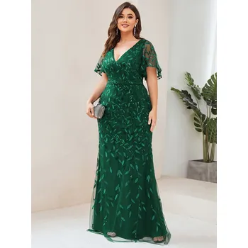 Dámské šaty Dlouhé plesové šaty typu rybí ocas s volánovými rukávy Barva: Tmavě Zelená, Velikost: 9XL