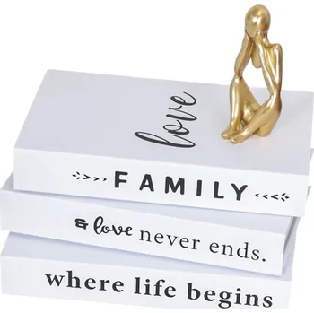 3 ks Dekorační falešné knihy Neotevíratelné bílé dekorace s texty Family, Love, Life Moderní interiérový doplněk na polici