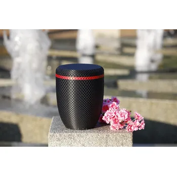 Smuteční dekorace Plastová urna černá červeno zlatý pásek