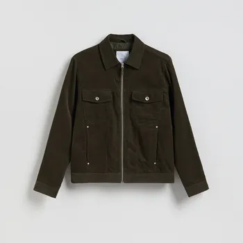 Dámský kabát Reserved - Manšestrová bunda s límcem - hnědozelená - 414HZ-78X - 414HZ-78X-XXL