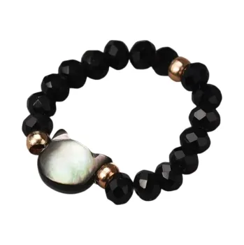 Prsten Elastický korálkový prstýnek 1,8 mm Kočičí hlava z měsíčního kamene Pryskyřice a umělá mušle Ručně skládaný dámský módní šperk černá